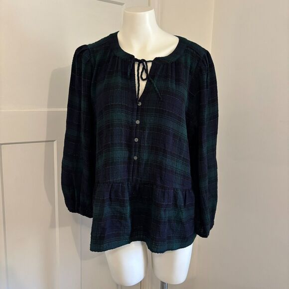 Loft Size Medium Dark Green Plaid Tartan Ruffle Peplum Preppy Peasant Blouse - Picture 1 of 8